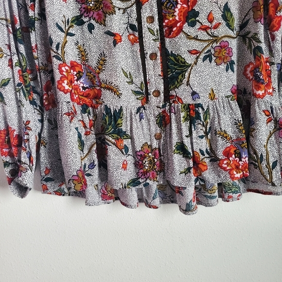 Maeve Button Down Blouse Womens 0 Gray Black Red Floral Peplum Hem Boho Business - Picture 4 of 13